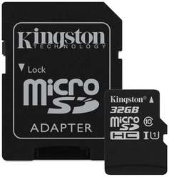 Карта памяти Kingston SDCS 32 GB, чтение: 80 MB/s, запись: 10 MB/s, адаптер на SD