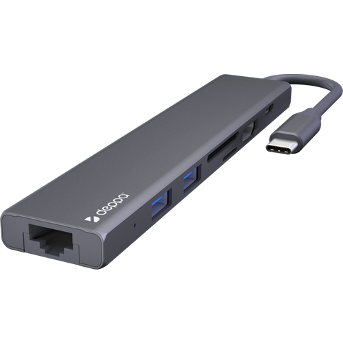 USB Type-C хаб 7-в-1, HDMI, Power Delivery, 2xUSB 3.0, RJ45, microSD/SD, графит, крафт, Deppa 73127-OZ