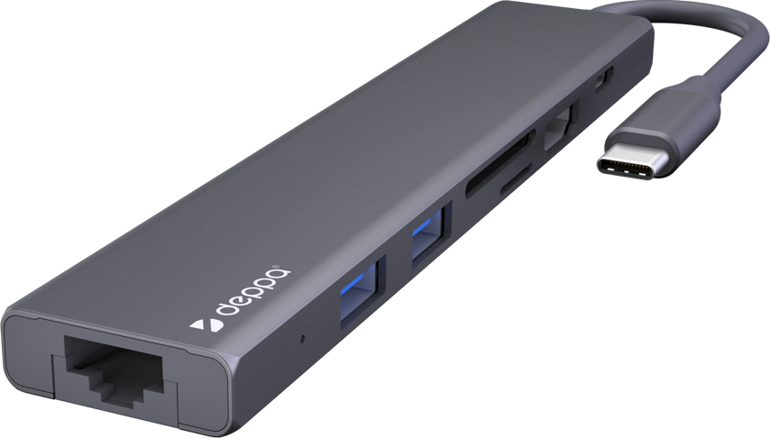 USB Type-C хаб 7-в-1, HDMI, Power Delivery, 2xUSB 3.0, RJ45, microSD/SD, графит, крафт, Deppa 73127-OZ
