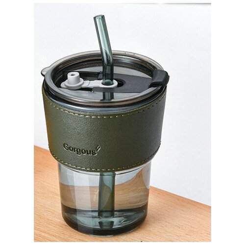 Стакан стеклянный со стеклянной трубочкой, крышкой и держателем для чая, кофе, горячих напитков, 400 мл.