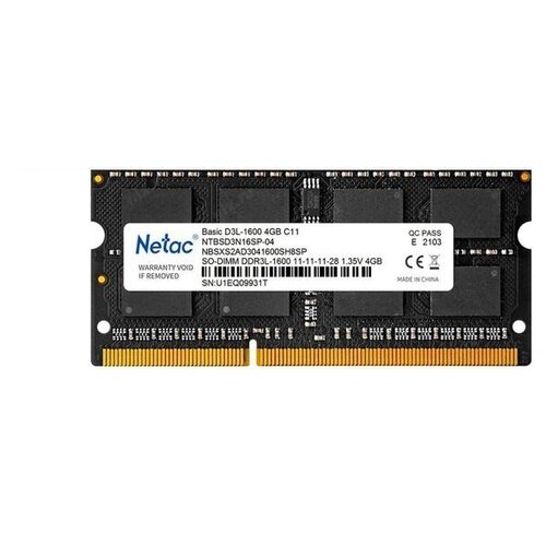 Оперативная память Netac 4 ГБ DDR3L 1600 МГц SODIMM CL11 NTBSD3N16SP-04 оперативная память advantech 4 гб ddr3l 1600 мгц sodimm cl11 sqr sd3m 4g1k6snlb