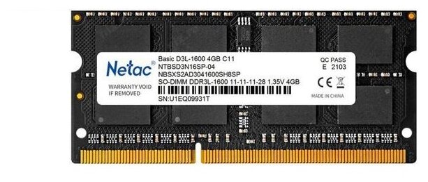 Оперативная память NETAC DDR3L SO-DIMM 4Gb 1600MHz pc-12800 (NTBSD3N16SP-04)