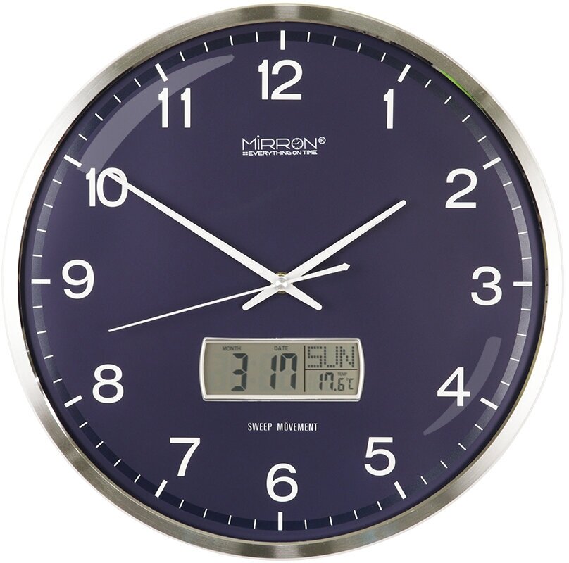 Большие круглые настенные кварцевые часы MIRRON P3248A-1 ЖК СЧ/Светящиеся цифры/36 см/Серый (серебристый) цвет корпуса/Фиолетовый (тёмный) циферблат/Бесшумный плавный механизм/Оригинальные часы/Часы с жк-дисплеем/Часы с датой/Часы с термометром