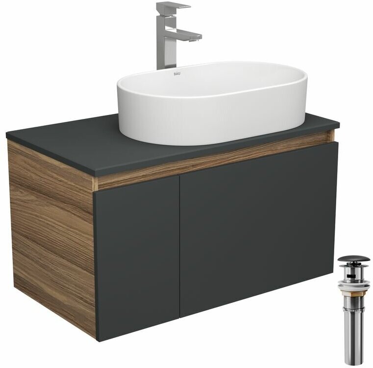 Комплект для ванной, 4 предмета (тумба Bau 80, графит + раковина BAU Nimb 56х36 + смеситель Hotel Still, выпуск клик-клак, черный)