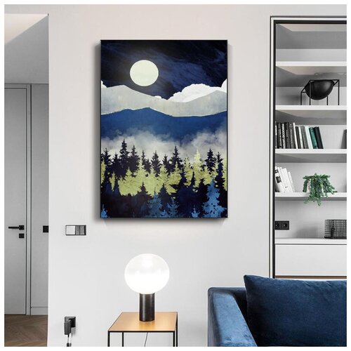 Современная картина для интерьера в гостиную/зал/спальню "Синий пейзаж", натуральный холст на подрамнике, 50х70 см