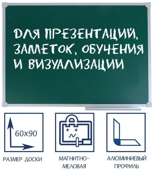 Доска магнитно-меловая, 60х90 см, зелёная, Calligrata стандарт, в алюминиевой рамке, с полочкой