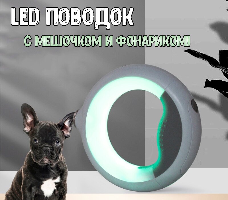 Поводок круглая с LED-фонариком 2 метра, для собак мелких и средних пород до 40 кг, чёрный
