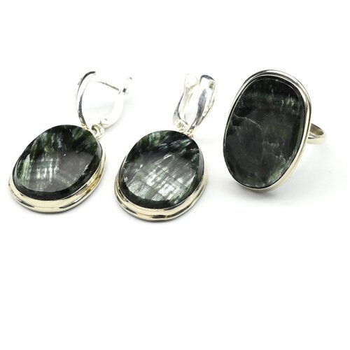 Комплект бижутерии Радуга Камня: серьги, кольцо, лазурит, серафинит, размер кольца 17.5, зеленый