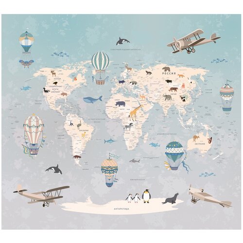 фото Фотообои флизелиновые топ фотообои карта для детей с воздушными шарами 300х270 (шхв) бирюзовый/серо-коричневый/светло-серый/бежевый/светло-песочный