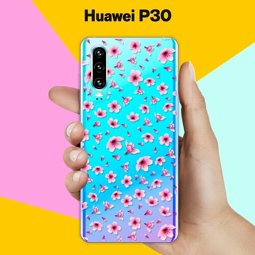 силиконовый чехол на huawei p30 pro хуавей п30 про с принтом розовые фиалки Силиконовый чехол Цветы розовые на Huawei P30