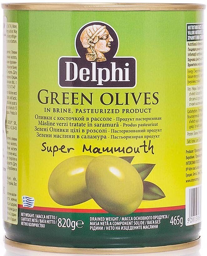 Оливки с косточкой в рассоле Super Mammouth 91-100 DELPHI 820г