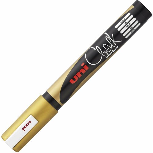 Маркер меловой UNI Chalk, 1,8-2,5 мм, золотой, влагостираемый, для гладких поверхностей, PWE-5M GOLD Комплект - 3 шт.