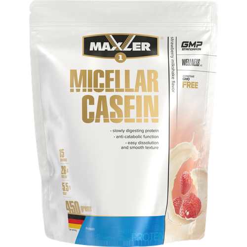 Протеин Maxler Micellar Casein, 450 гр., клубничный молочный коктейль протеин maxler micellar casein 450 гр банановый молочный коктейль