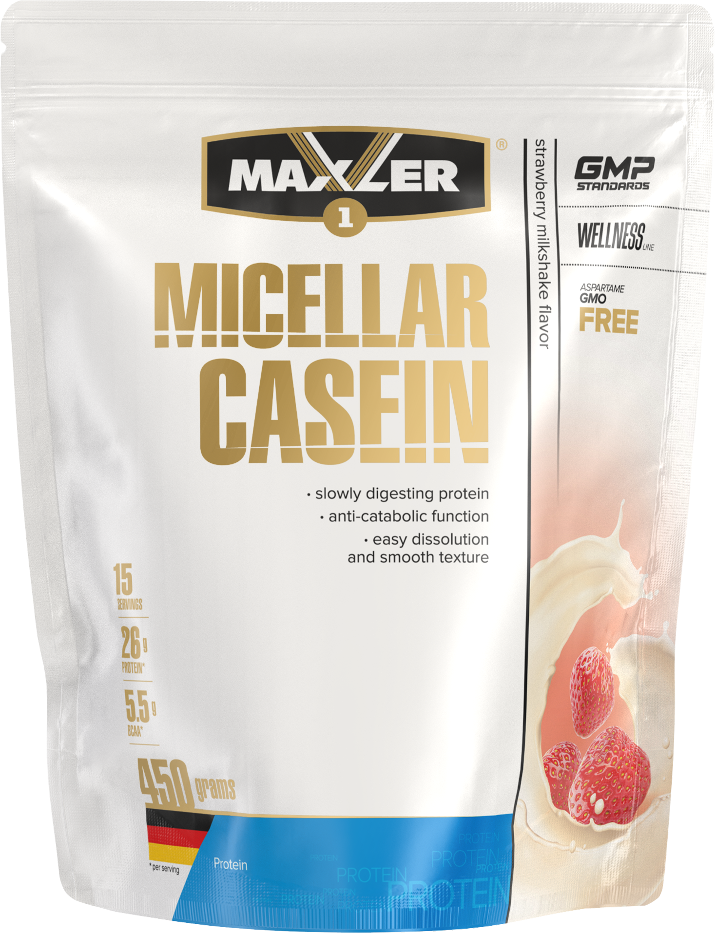 MAXLER EU Micellar Casein (Пакет) 450г (Strawberry Milkshake Flavor)