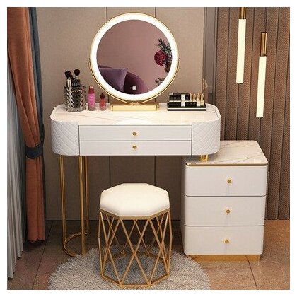 Туалетный столик с керамической столешницей, зеркалом и стулом (80 см белый столик + тумба + умное зеркало + табурет)