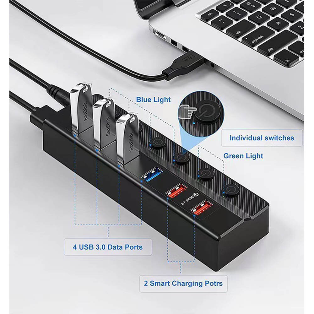 Хаб USB с портами быстрой зарядки 4 x USB 3.0 +2 x QC 3.0 выключатели БП 12В 3А | ORIENT BC-306PSQC