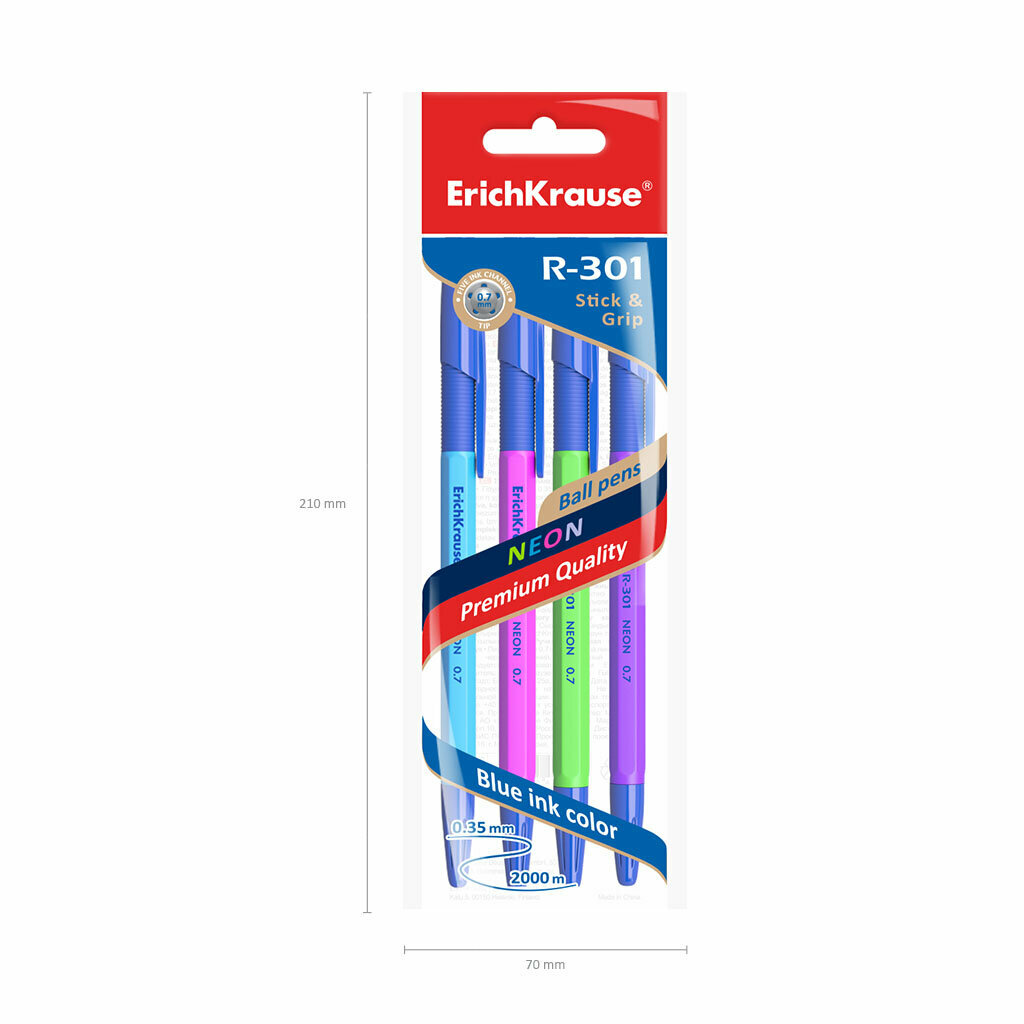 Ручка шариковая Erich Krause R-301 Neon 0.7 Stick&Grip в наборе из 4 штук пакет - фото №12