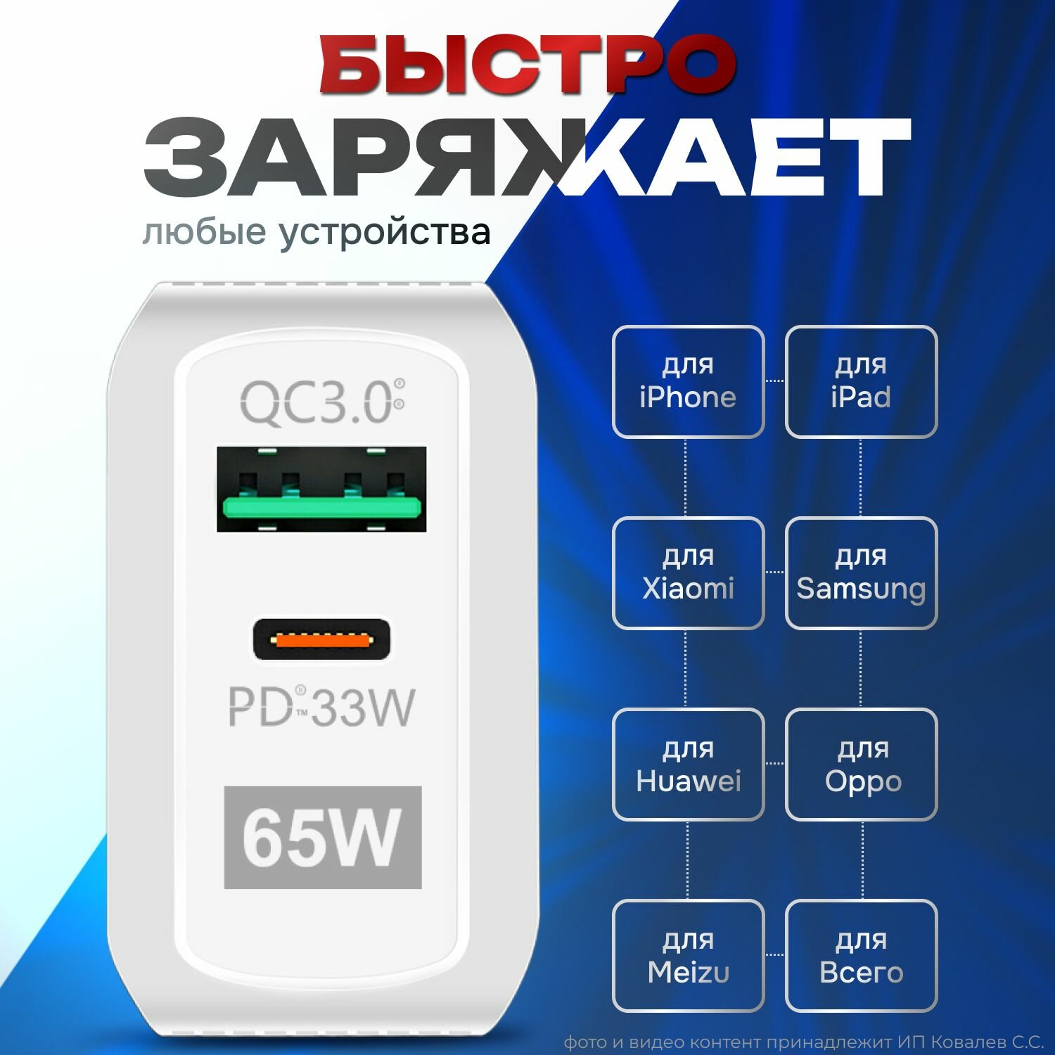 Быстрое зарядное устройство **Smitton** 65W GaN зарядка, блок для PD 3.0 USB + Type-C — фото 1