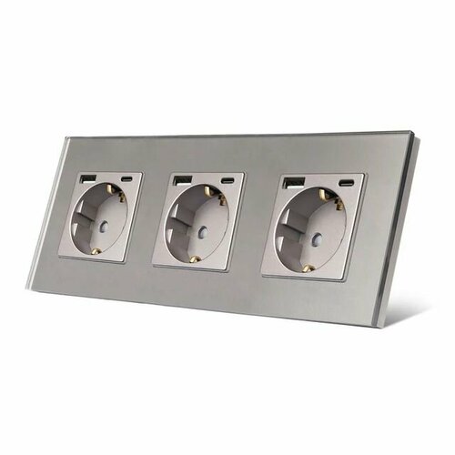Розетка электрическая с быстрой зарядкой 20W с выходами USB и TYPE C-3шт, со стеклянной рамкой, серая TAWOIA