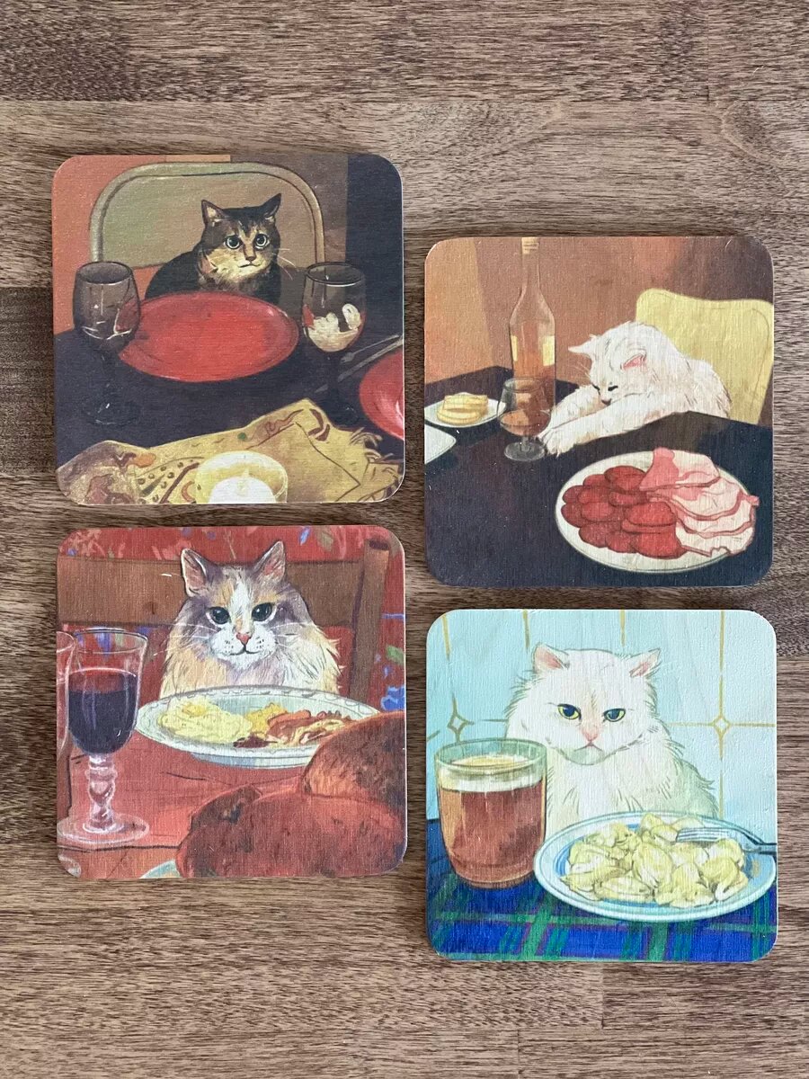 Подставка под кружку и стаканы коты и вино 4 шт