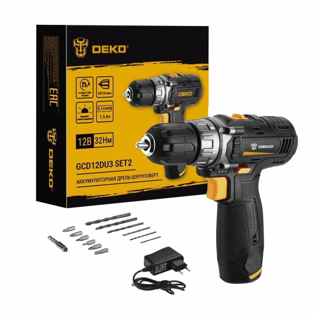 Аккумуляторная дрель-шуруповерт DEKO GCD12DU3 SET2-Li-Ion + оснастка 13 шт,12В,1х1.5Ач, з/у
