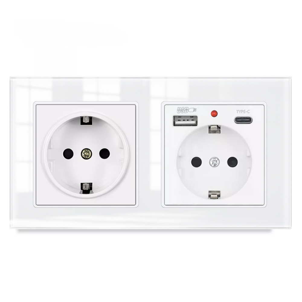 Розетка двойная с USB и type-C входами, 2 поста рамка закаленное стекло 153mm*82mm, цвет белый. F6