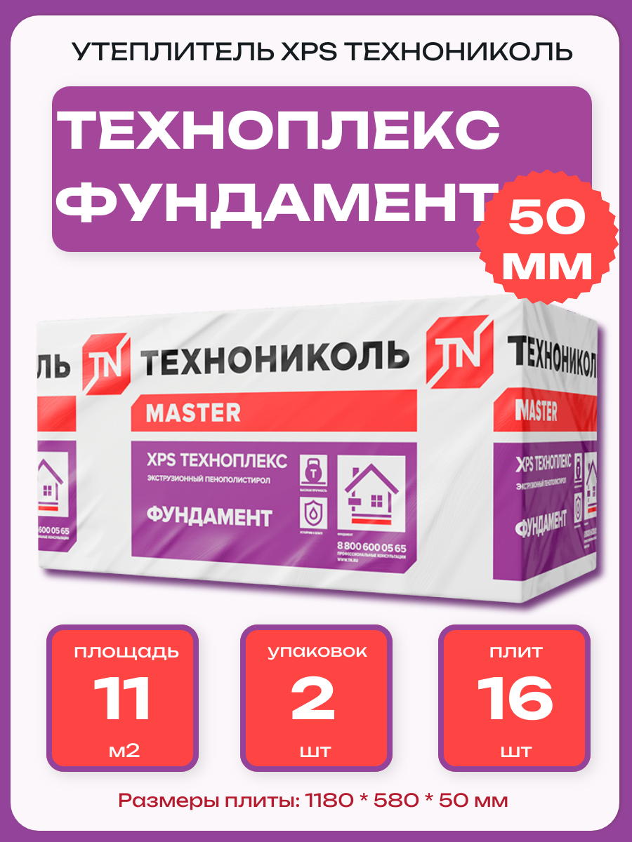 Утеплитель технониколь Техноплекс Фундамент XPS 50мм 16 листов 2 упак.