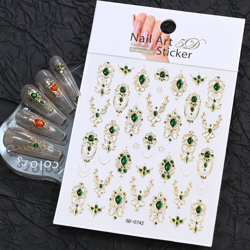 Наклейки на ногти 5D NK5D-0742, изумрудные, золотые