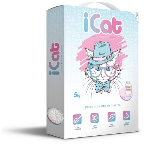 iCAT Комкующийся белый наполнитель с ароматом детской присыпки, коробка 5кг.