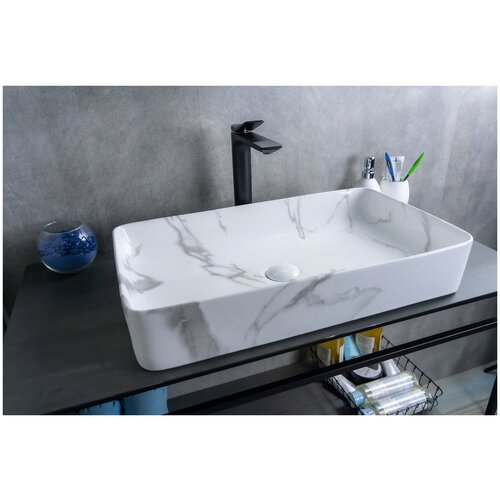 Комплект 3 предмета: Накладная глянцевая раковина для ванной под камень Gid Mnc811C с донным клапаном и сифоном А-3202