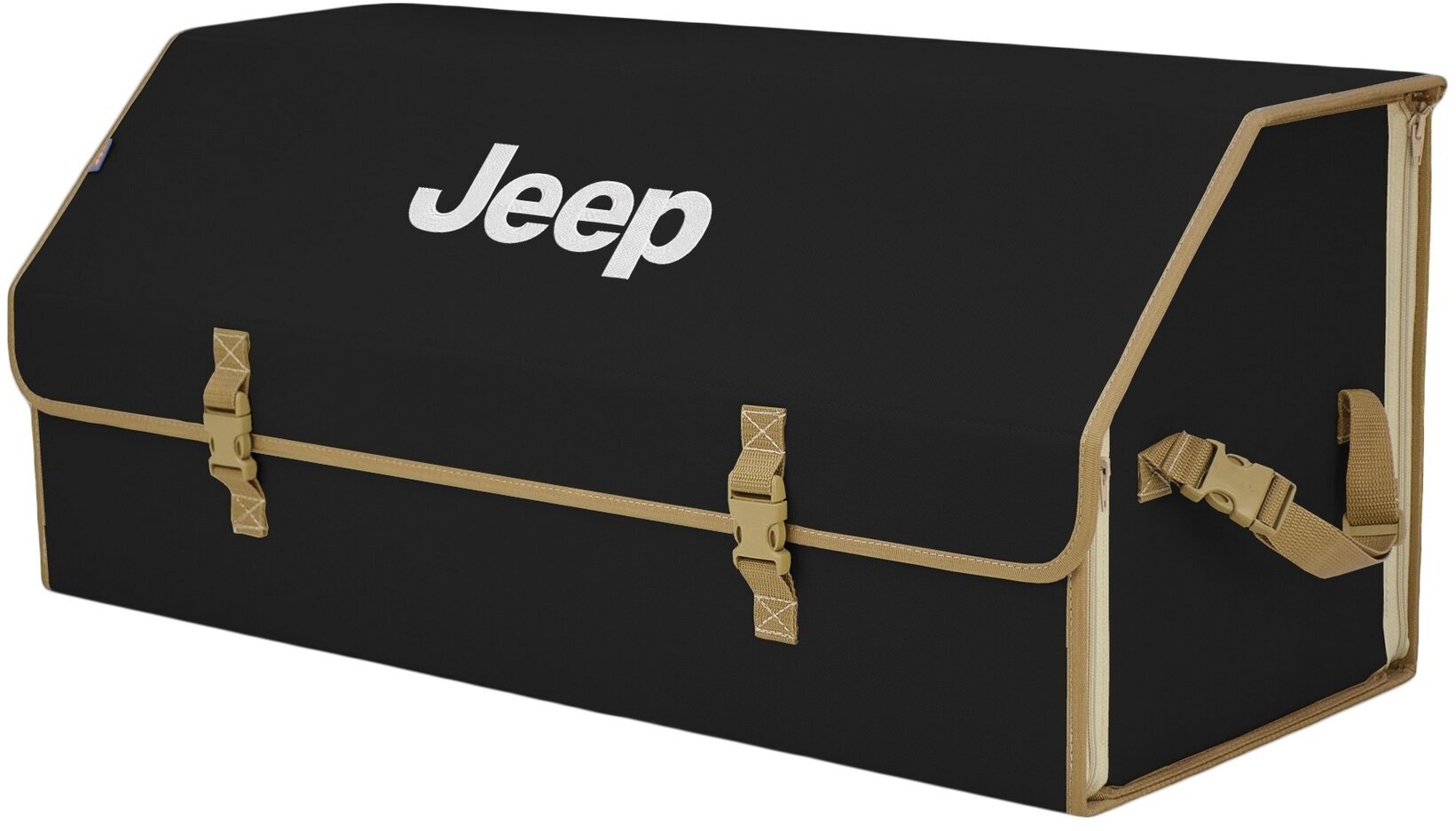 Органайзер-саквояж в багажник "Союз" (размер XXL). Цвет: черный с бежевой окантовкой и вышивкой Jeep (Джип).