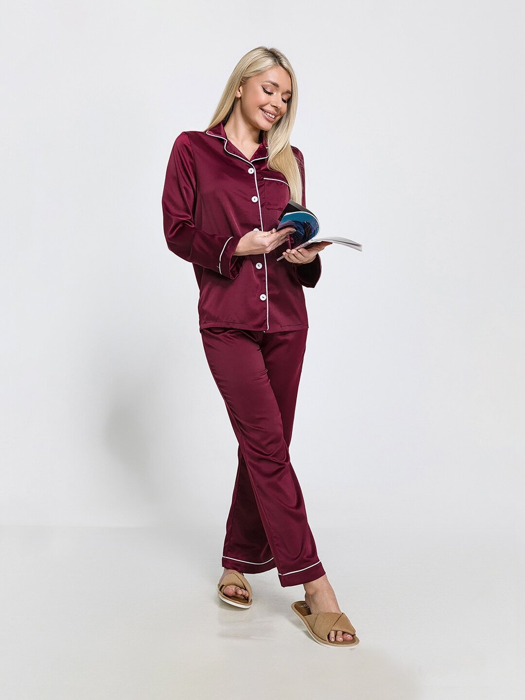 Шелковая пижама женская HappyFox, HFSL2527 размер 50, цвет бордо - фотография № 8