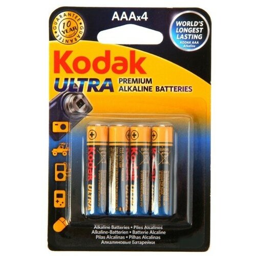 Kodak Батарейка алкалиновая Kodak Ultra, AAA, LR03-4BL, 1.5В, блистер, 4 шт. батарейка алкалиновая kodak ultra aaa lr03 4bl 1 5в блистер 4 шт