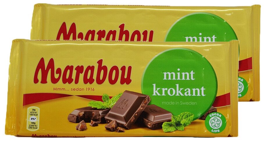 Шведский плиточный молочный шоколад с хрустящей мятой (Marabou Марабу, Mint Krokant 2 шт х 200 гр ) - фотография № 8