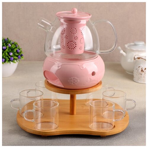 фото Набор чайный на 6 персон, 9 предмтов, "нежность", чайник 700 мл, кружка 100 мл, цвет розовый 47084 сима-ленд