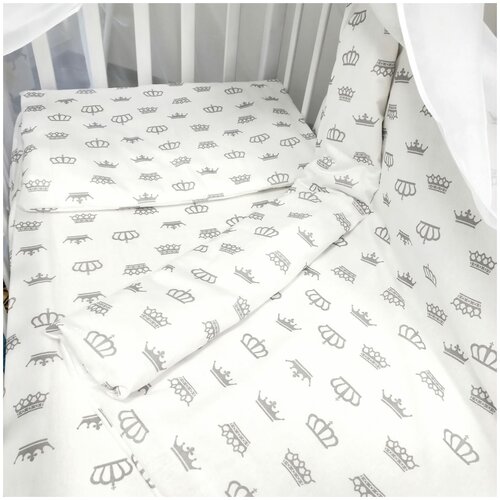 Постельное белье в детскую кроватку, для малышей комплект простыня, пододеяльник, наволочка (бязь), Короны серый