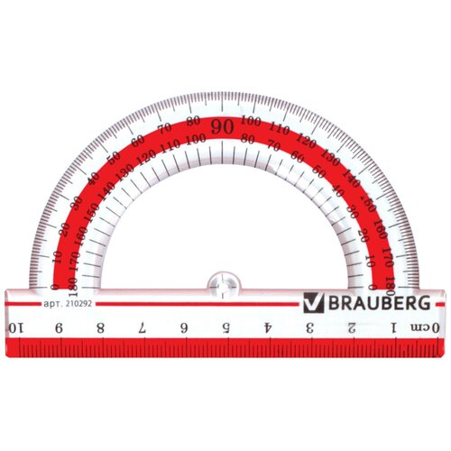 Транспортир 10см, 180° Brauberg Crystal, прозрачный, с выделенной шкалой (210292)