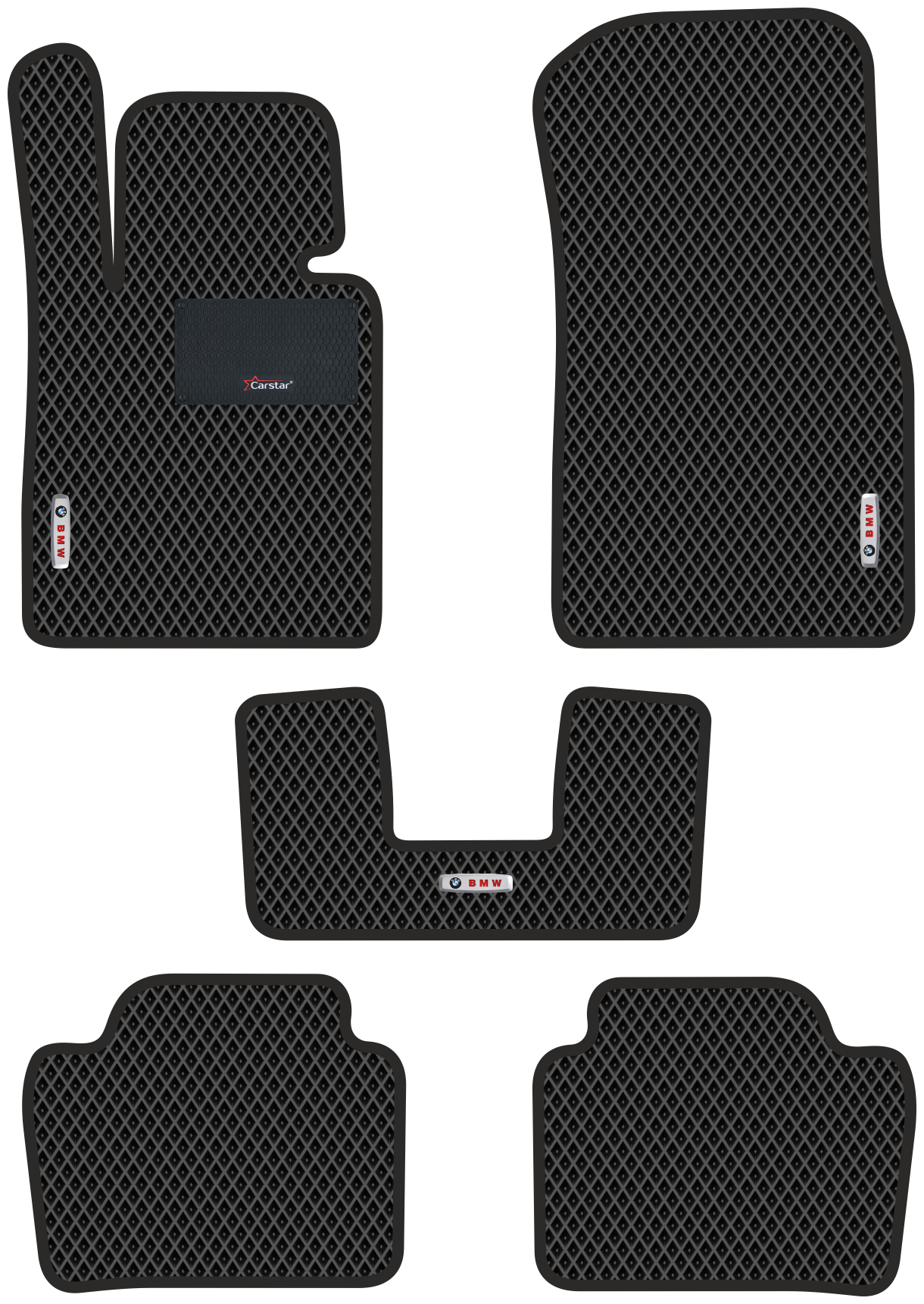Автомобильные коврики EVA для BMW 3 VI F30 задний привод (2011-2019) с каучуковым подпятником и 3 эмблемами BMW чёрные с чёрным кантом ячейка - ромб