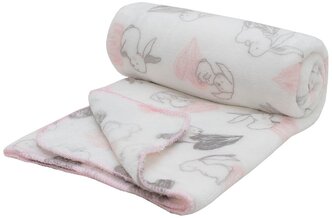 Плед плюшевый 100х118 см для новорожденных в кроватку коляску "Зайчики и сердечки", белый для девочки