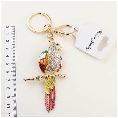 Брелок-попугай для ключей, Fashion Jewerly, металлический со стразами, желто-розовый, 1 шт