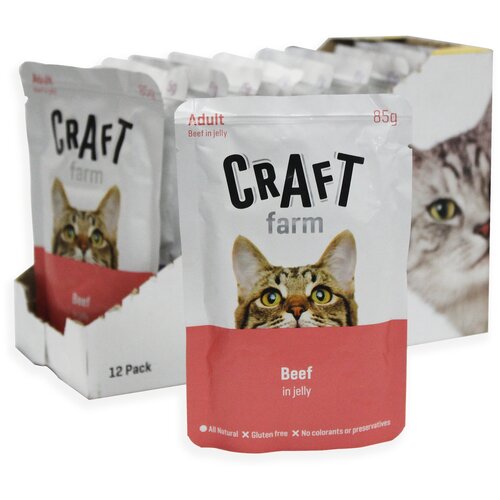 Влажный корм для кошек Craft Farm Adult, с говядиной 12 шт. х 85 г (кусочки в желе)