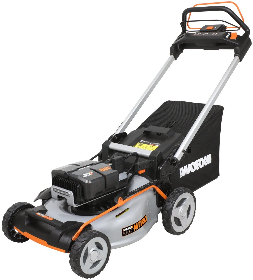 Газонокосилка аккумуляторная самоходная WORX 80В 51см, бесщеточная, 4Ач х4, BASECAMP 4 х1А, коробка - фотография № 1