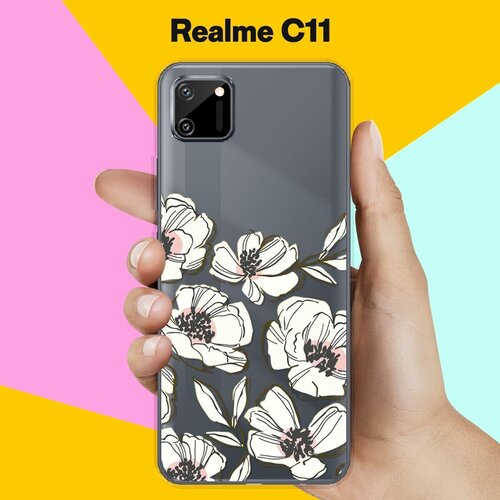 Силиконовый чехол на realme C11 Белые цветы / для Реалми С11 силиконовый чехол на realme c11 реалми с11 пионы розово белые