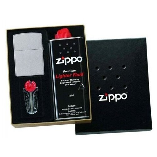 Zippo 205 Satin Chrome в подарочной упаковке + топливо и кремни