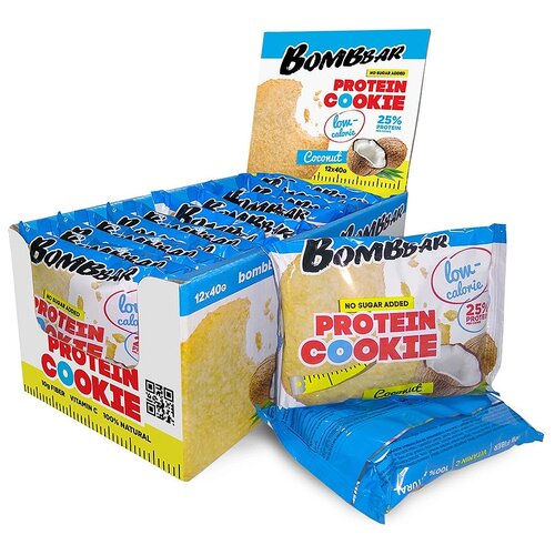 Bombbar, Протеиновое печенье, упаковка 12шт по 40г (кокос) протеиновое печенье bombbar кокос 1 шт