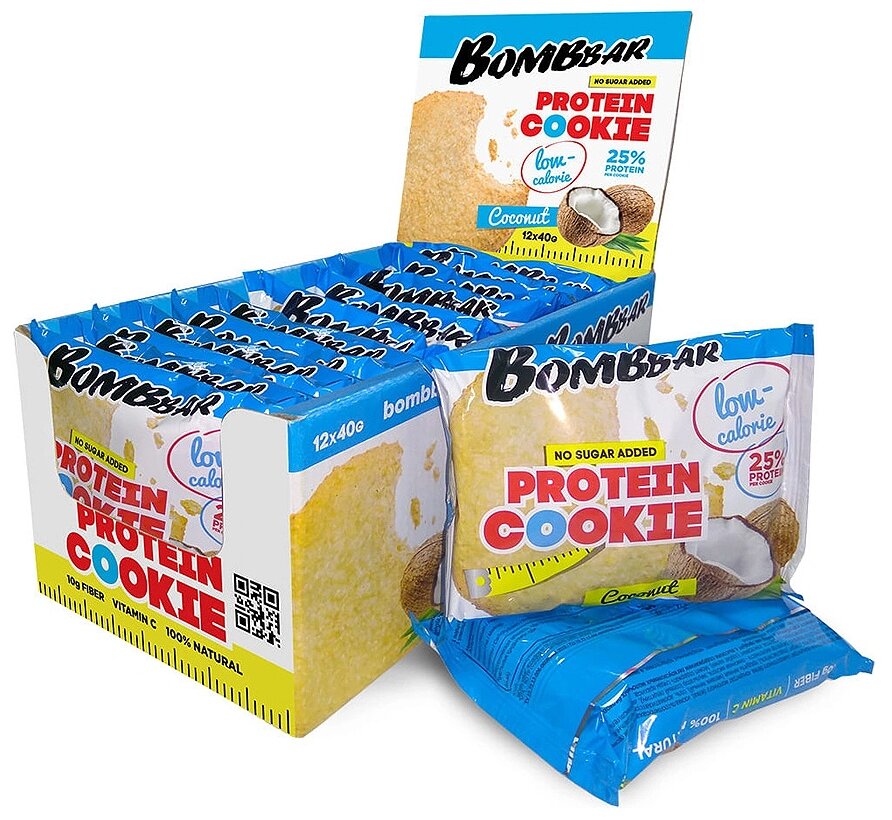 Bombbar, Протеиновое печенье, упаковка 12шт по 40г (кокос)
