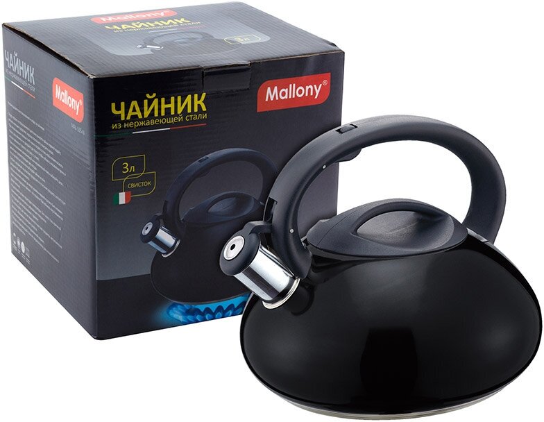 Чайник со свистком Mallony MAL-105-N, 3.0л, нержавеющая сталь (цельнометаллический, капсулир. дно, ручка пластик) черный (910095)
