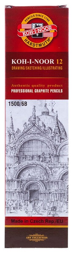 KOH-I-NOOR Набор чернографитных карандашей 1500, 12 штук 6B (150006B01170RU) серый