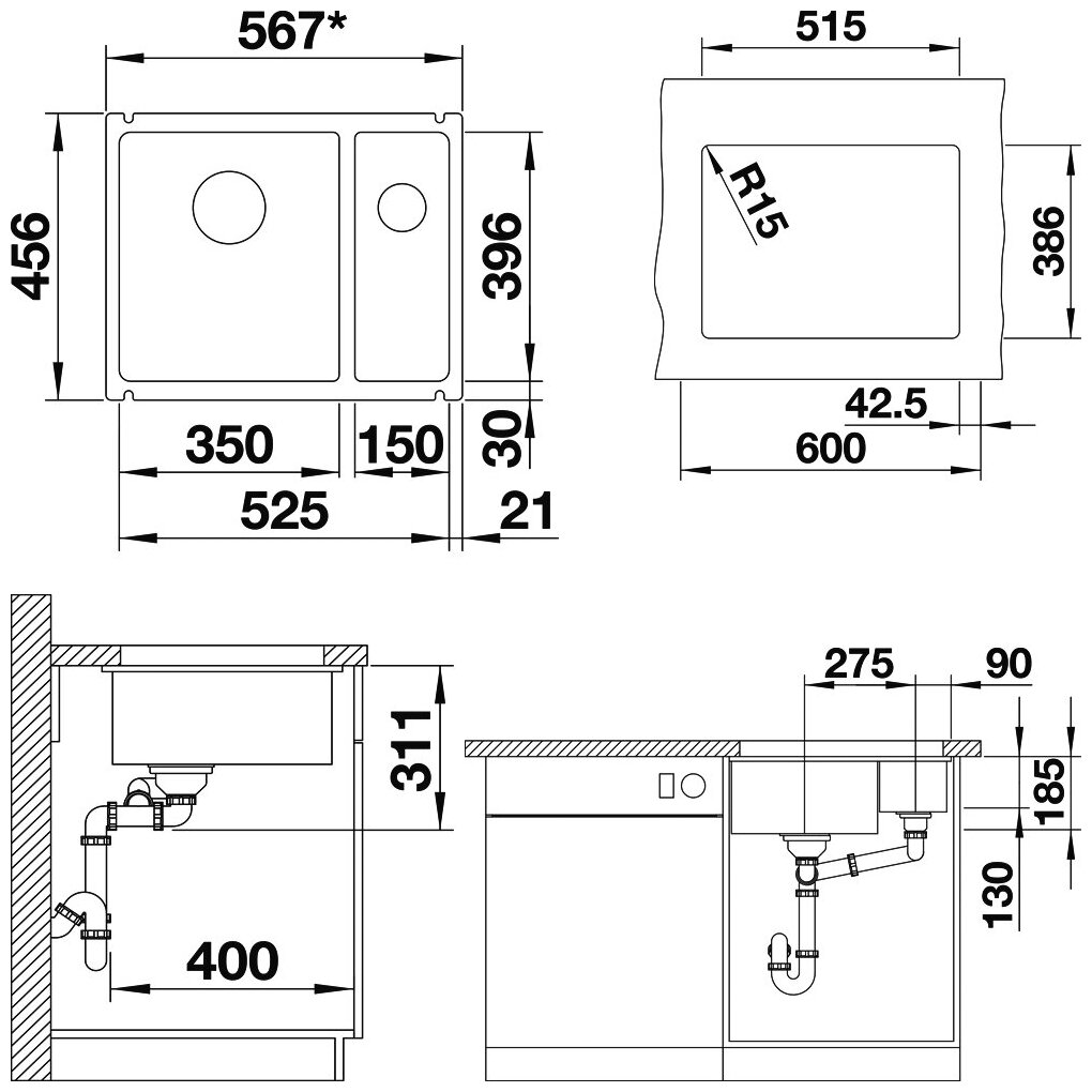 Мойка кухонная Blanco Subline 350/150-U белая - фото №4