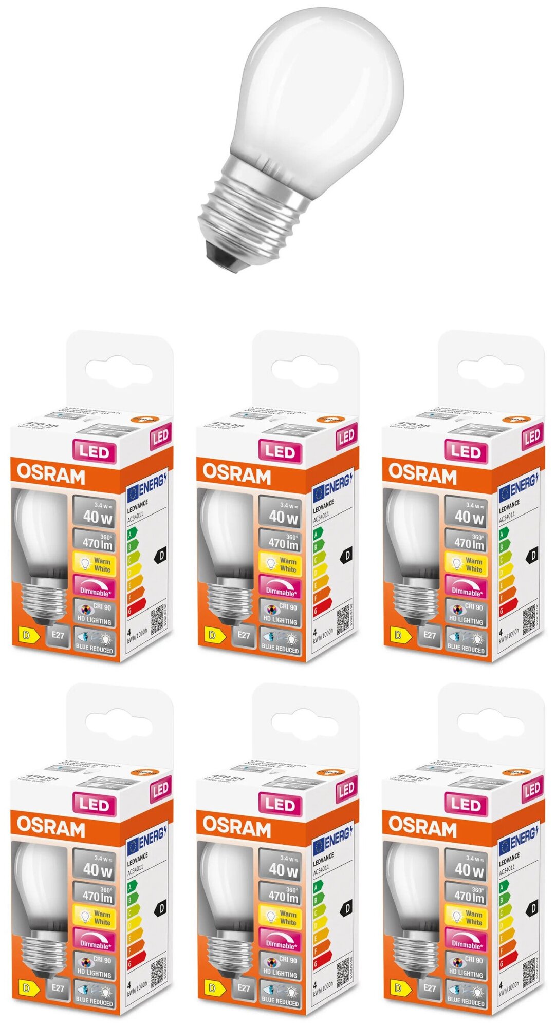 Лампочка светодиодная Osram 3.4W=40W 220V E27 Шарик матовый G45 470Лм Диммируемая Филаментная 4000K упаковка 6шт